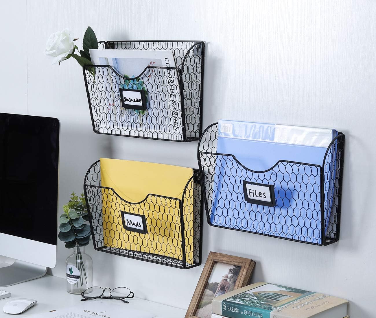 EasyPAG 3 Pockets Hanging File Organizer, Folder and Mail Holder for Wall, Metal Chicken Wire Baskets with Tag Slot, Black : Office Products