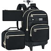 TXHVO 3Pcs Rolling Backpack for Boys Men, 19 Inche Adults Roller Backpacks with Wheels, School Wheeled Bookbag with Lunch Box(Black)