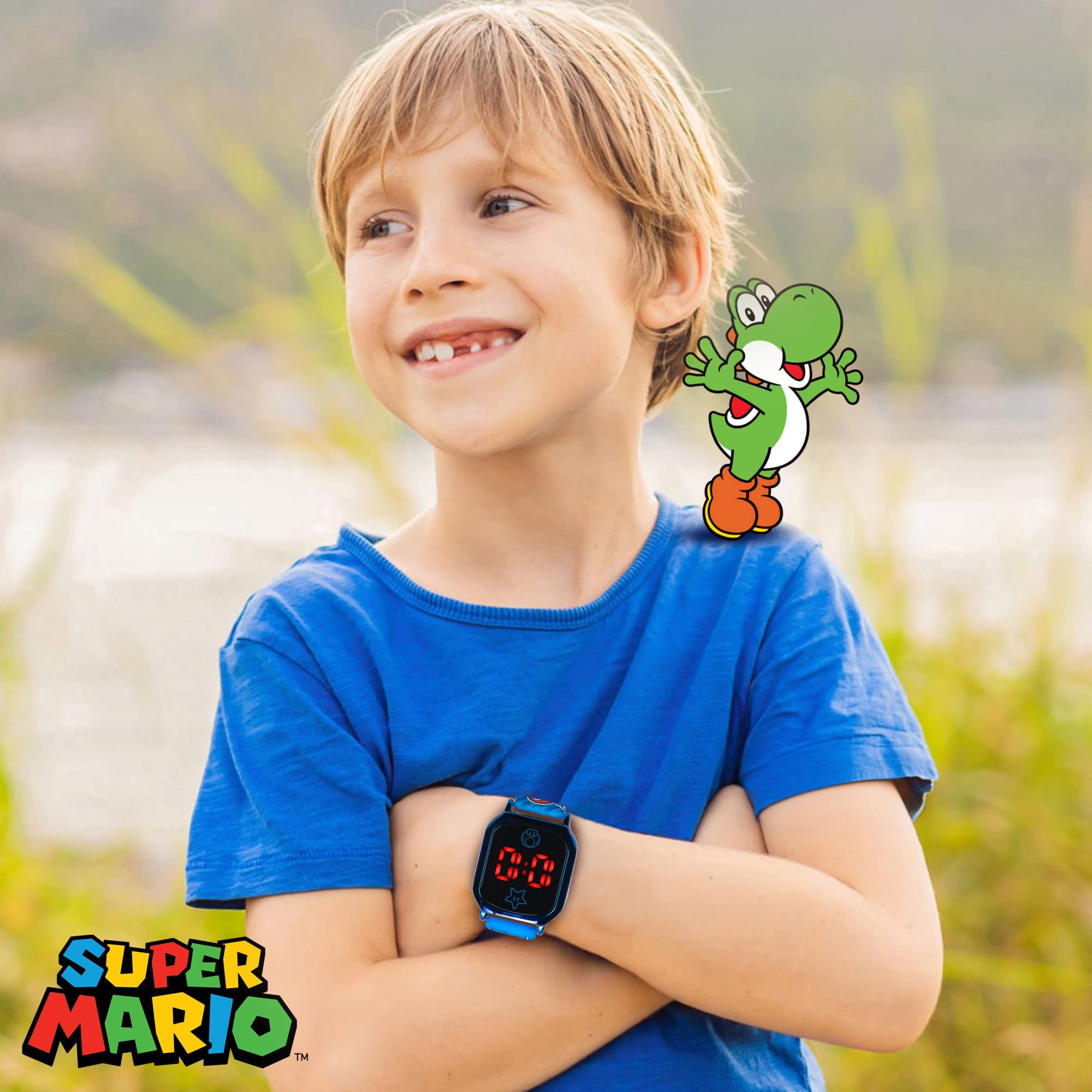 Accutime Super Mario Kids Touch-Activated LED Watch - Digital Time Display, Blue Alloy Case, Soft Silicone Strap, Fun Mario & Luigi Design - Fits Wrists 5.5