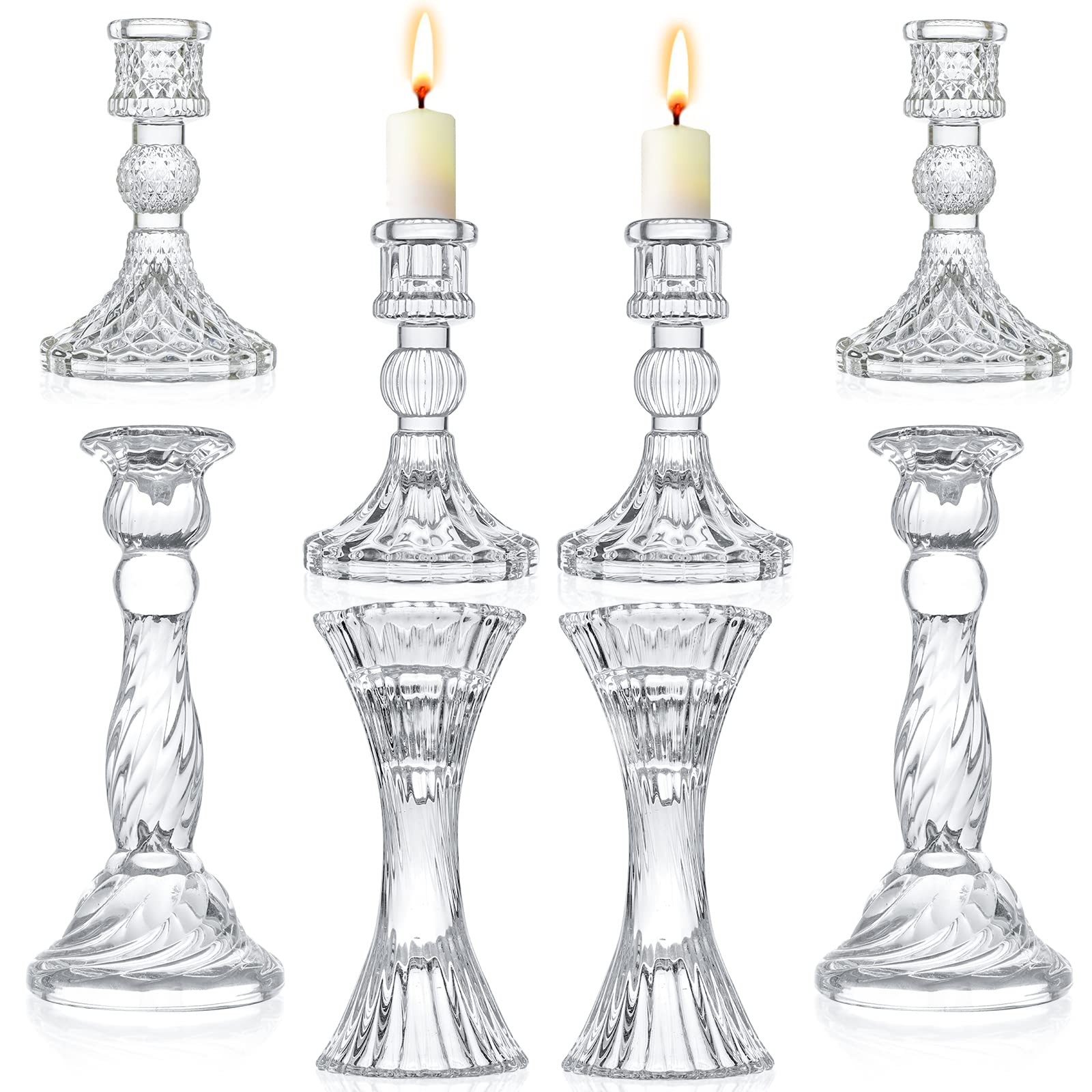 Glass Candlestick Holders - Set of 8 Clear Taper Candlestick Glasses,Crystal Candle,for all Formal Events,Candlelight dinner,Wedding, Dinning, Party,Home Decoration