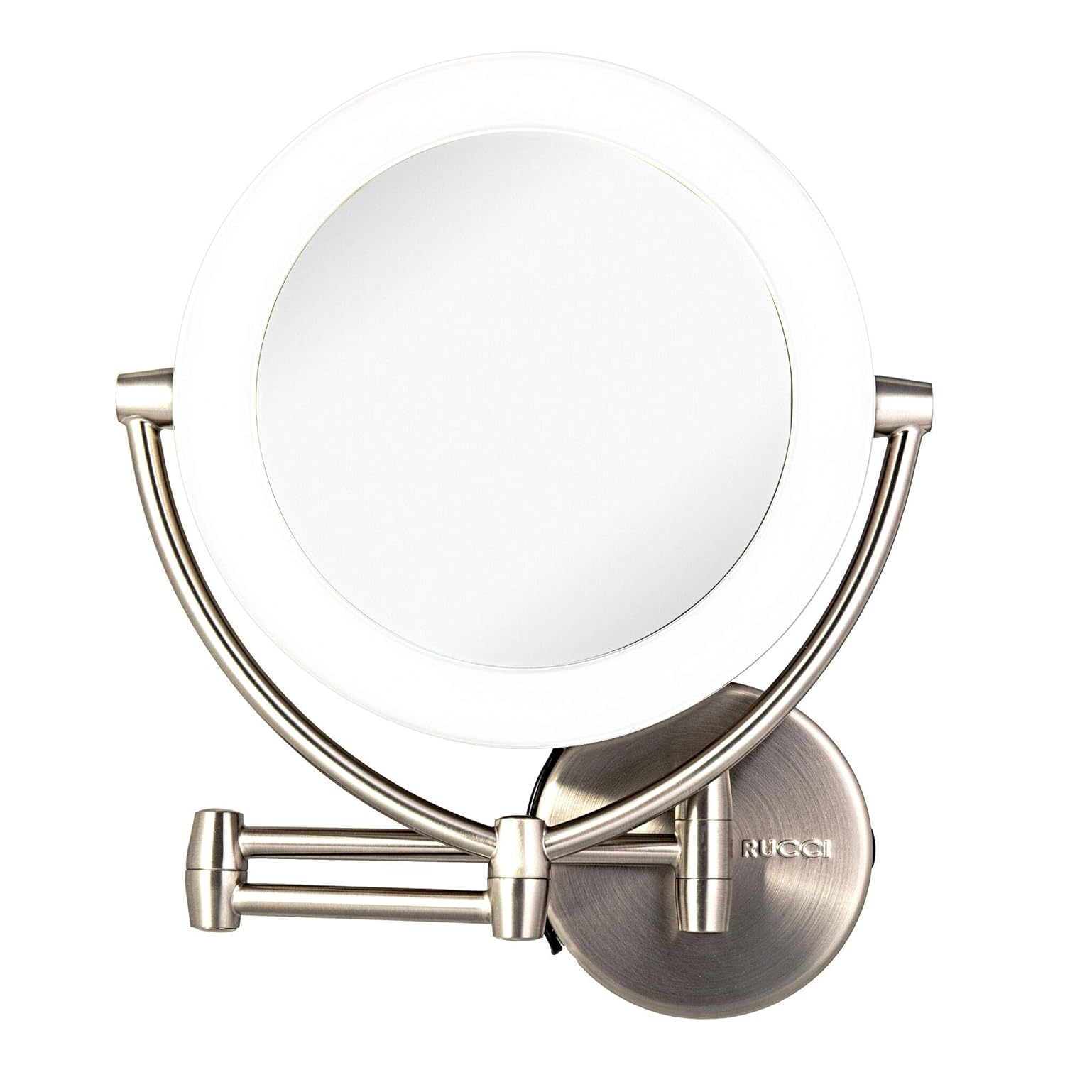 Wall Mount LED Lighted Makeup Mirror, AC Adapter, Battery Operated, 1x/10 Magnification, 3 Touch Tones 17.5” Extended by Rucci