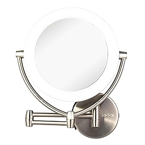 Wall Mount LED Lighted Makeup Mirror, AC Adapter, Battery Operated, 1x/10 Magnification, 3 Touch Tones 17.5” Extended by Rucci