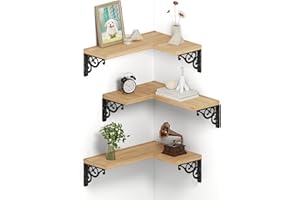 Smatto Corner Floating Shelves, Oak Corner Shelves Wall Mounted, Wood Wall Storage Shelves for Bathroom Bedroom Living Room Kitchen, Corner Shelf Set of 3