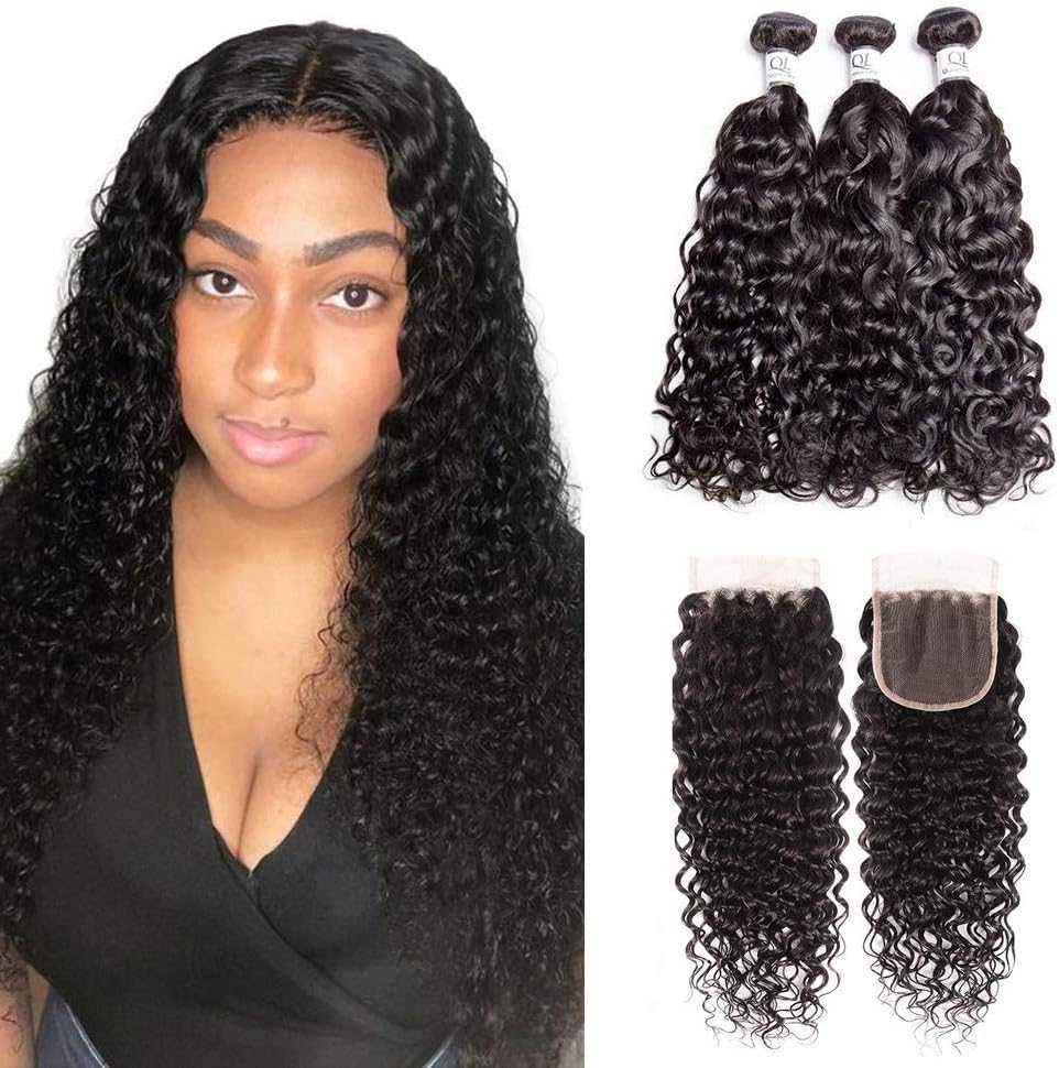 Brazilian Water Wave Bundles with Closure 16/18/20+14inch Transparent Lace Closure Free Part Human Virgin Hair Deep Ocean Wave 3 Bundles with 4x4 Swiss Lace Closure Natural Black Hair Bundles