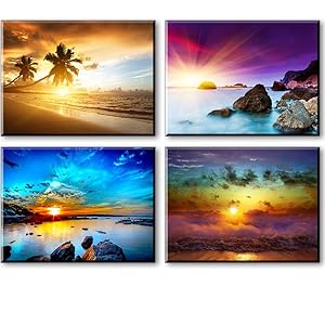 Beach Theme Decor for Bedroom, PIY HD Beautiful Sunset Sea Wall Art, Colorful Canvas Prints Home Decorations (4 Piece 1" Thick Frame, Waterproof Artwork, Bracket Mounted Ready to Hang)
