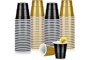 Pineburg 100pack 2oz NewYear's Disposable Shot Glasses, Black Gold Plastic Shot Cups, Mini Disposable Cups for Parties Valentine's Day Weddings Party Supplies(Black&Gold)