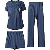 Rnxrbb 3 Piece Women's Maternity Nursing Pajamas Set V Neck Breastfeeding Pjs Sleepwear Postpartum Shorts&Pants Pockets
