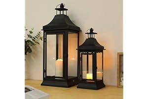 JHY DESIGN Set of 2 13''&19.5''Tall Outdoor Candle Lanterns Vintage Hanging Tower Lantern Metal Candle Holder for Garden Living Room Indoor Outdoor Parties Weddings Balcony(Black)