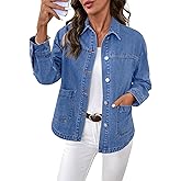 Sidefeel Women‘s Jean Jacket Casual Long Sleeve Button Down Oversized Boyfriend Trendy Denim Jacket Coat