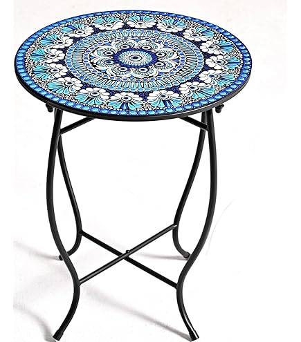 Table Ronde Style Fer Forgé Bstro Plateau Mosaïque Motf Fleur Métal Époxy Antcorroson Nor