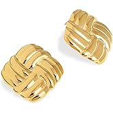 Frigotine Chunky Gold Square Stud Earrings for Women, Trendy Statement Vintage Geometric Rectangle Textured Lightweight Hypoallergenic Earing Prom Fashion Jewelry Gift