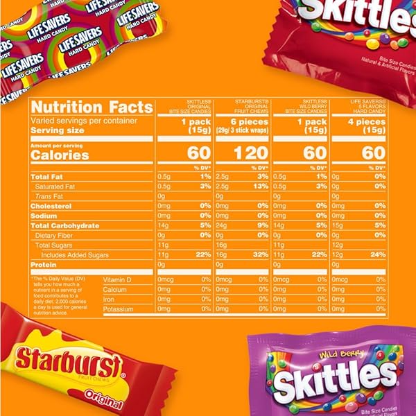 SKITTLES ORIGINAL, SKITTLES WILD BERRY STARBURST & LIFE SAVERS HARD CANDY FUN SIZE FRUITY CANDY ASSORTMENT, 135 CT BULK BAG
