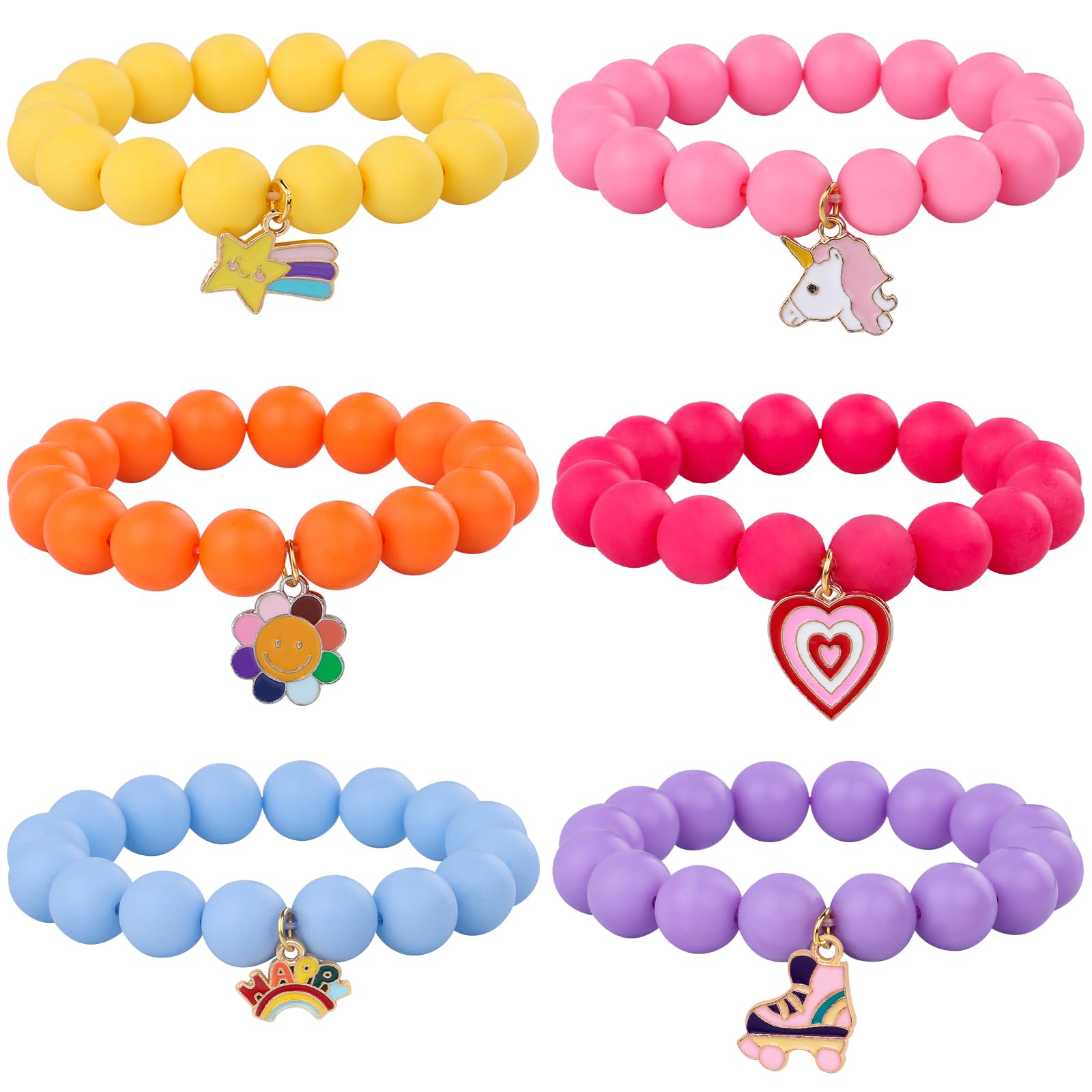 HLenyoy 6 PCS Girls Colorful Beaded Bracelets - Unicorn Heart Rainbow Elastic Bracelets for Christmas & Friendship