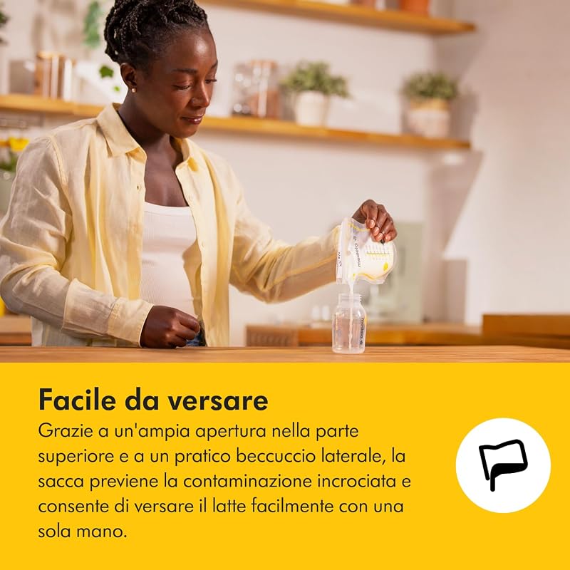 Sacche Monouso Easy Pour per la Conservazione del Latte Materno, Capacità 210 ml, Design a Prova di Perdite con Protezione del Latte, Senza BPA, Confezione da 100 Pezzi