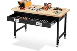ANTIFIR Adjustable Heavy Duty 48” Workbench with Storage,Oak Wood Top Tool Bench with Drawers,2000 LBS Load Capacity Hardwood Worktable with Power Outlets for Workshop, Garage, Office, Home, Commercial.