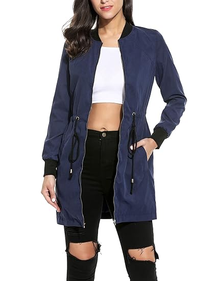 Zeagoo Damen Bomberjacke Bikerjacke Fliegerjacke Kurzjacke Sportwear mit Kordelzug Lange Parka Jacke