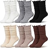 Croloose 6 Pairs Ruffle Slouch Crew Socks for Women Knit Mid Calf Rib Tube Soft Scrunch Boot Women's Legging Socks
