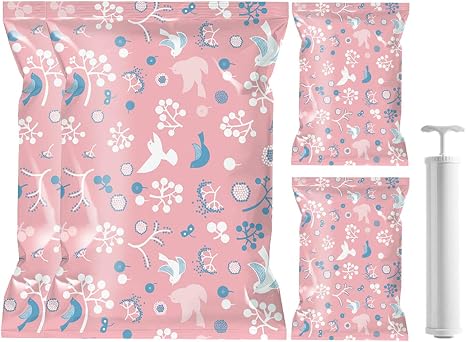 Amazon Yrlife ふとん圧縮袋 衣類圧縮袋 布団圧縮袋 4枚組 100 80cm 2枚 50 30cm 2枚 ポンプ付き 収納 引越し 旅行 出張 衣替え 敷布団収納可 真空パック 掃除機対応 さくら色 薄紅色 ロビン鳥柄 圧縮袋 オンライン通販