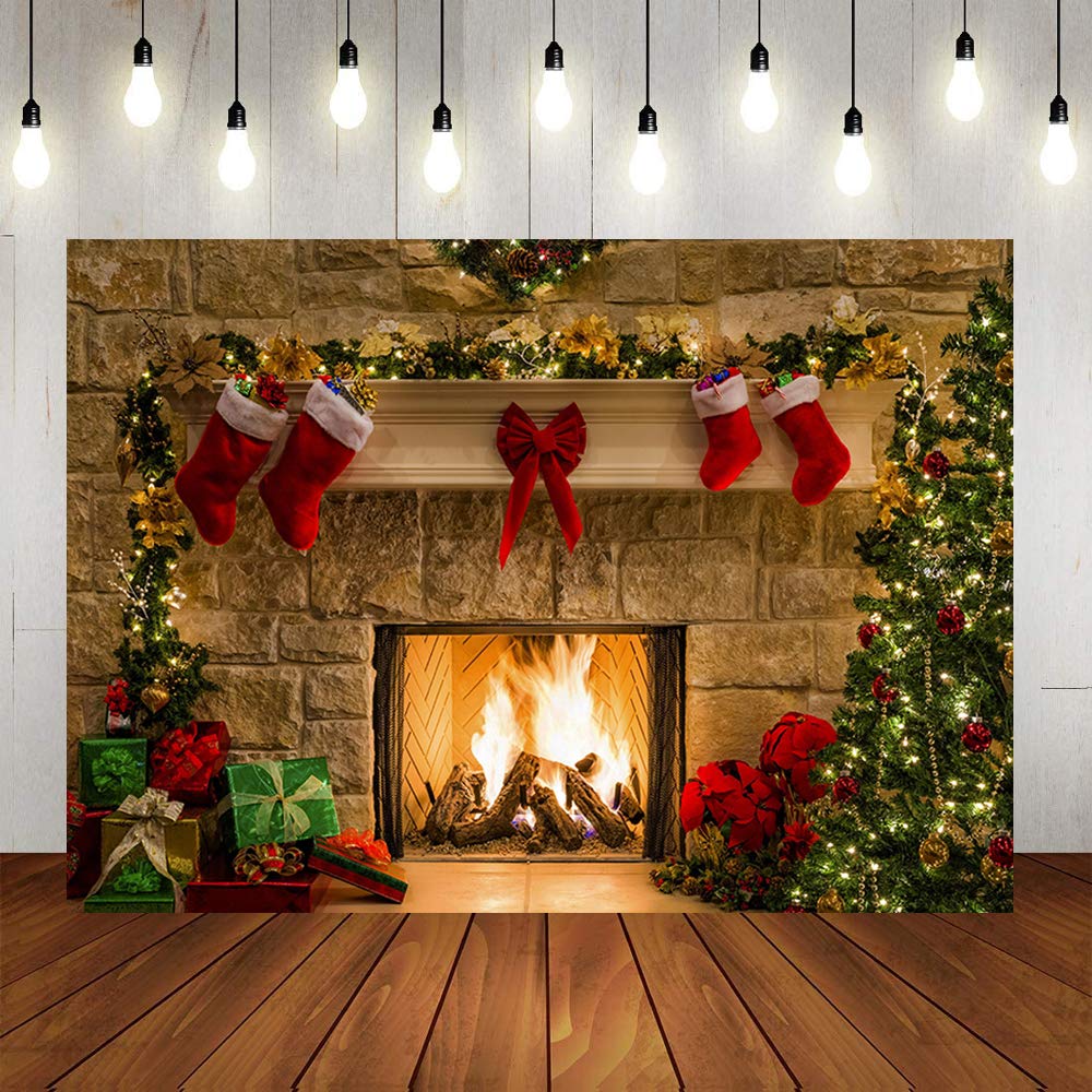 Aisnyho Christmas Backdrop Xmas Fireplace Backdrops Red Sock Gifts for Photo Shooting Decoration Picture Banner Booth Props 8x6ft