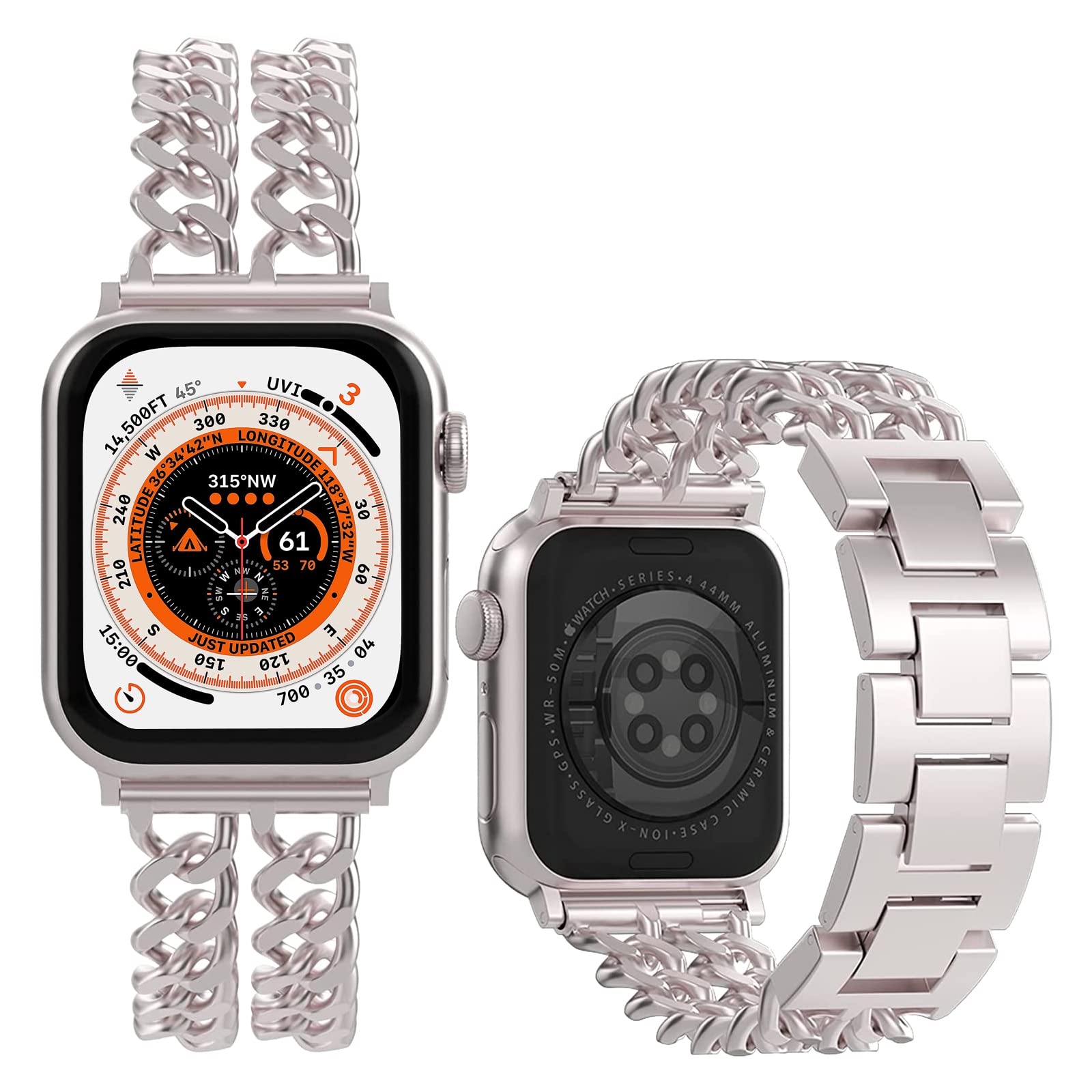 Miimall for Apple Watch Ultra 2/Series 9 Strap, Metal Strap for iWatch 38/40/41/mm 42/44/45/49mm, Adjustable Metal Chain Bracelet, Alloy Band for iWatch Ultra SE Series 9 8 7 6 5 4 3 2 1-Star Light