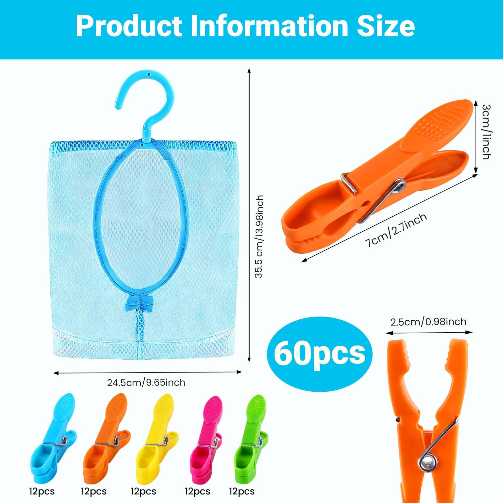 60 Stück Wäscheklammern mit Wäscheklammerbeutel, rutschfeste Wäscheklammern Ohne Abdruck, Clips für Kleidung, Bunte Wäscheklammer Stabil Sockenklammern für Wäscheleinen und Kleidung, Socken 2