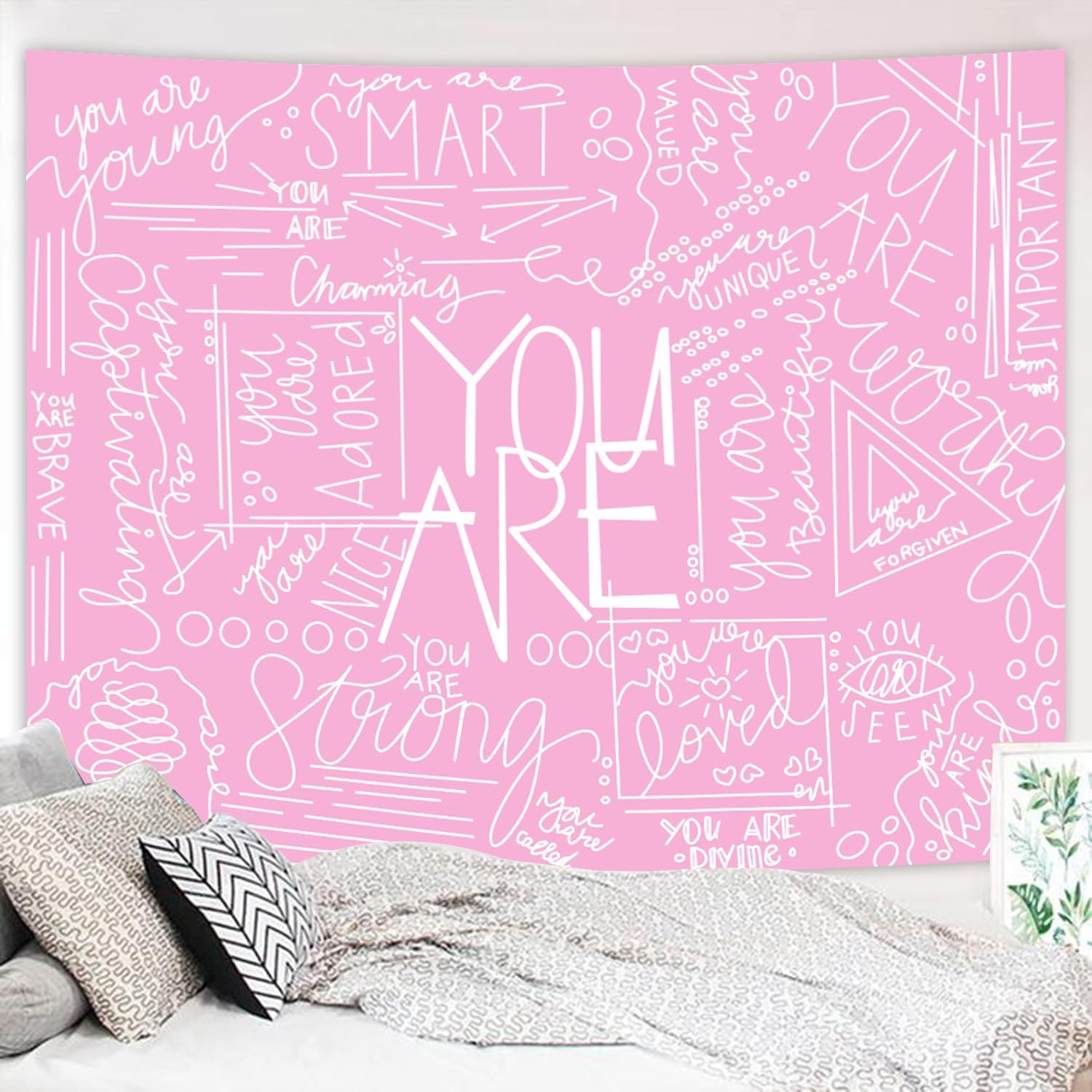 Tapestries - Miytal Quote You are Wall Tapestry, Inspirational Wall Art Positive Saying Wall Hanging White Tapestry for Teen Girl Bedroom Dorm - 51.2 x 59.1 Inches - Pink