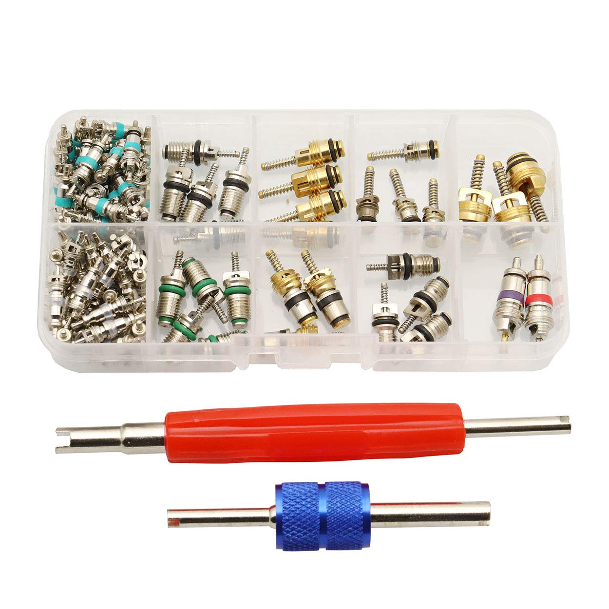 Raogoodcx 102Pcs Car Air Conditioning Valve Core Accessories A/C R12 R134a Refrigeration Tire Valve Stem Cores Remover Tool Assortment Kit