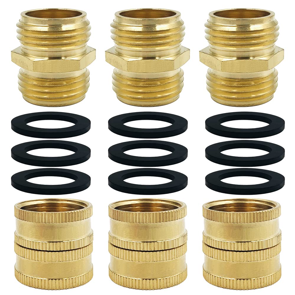 6 Pack Garden Hose Adapter, lyfLux 3/4 Inch Brass Connector, Male to Male, Female to Female, Brass Hose Connector, Extra 9 Washers