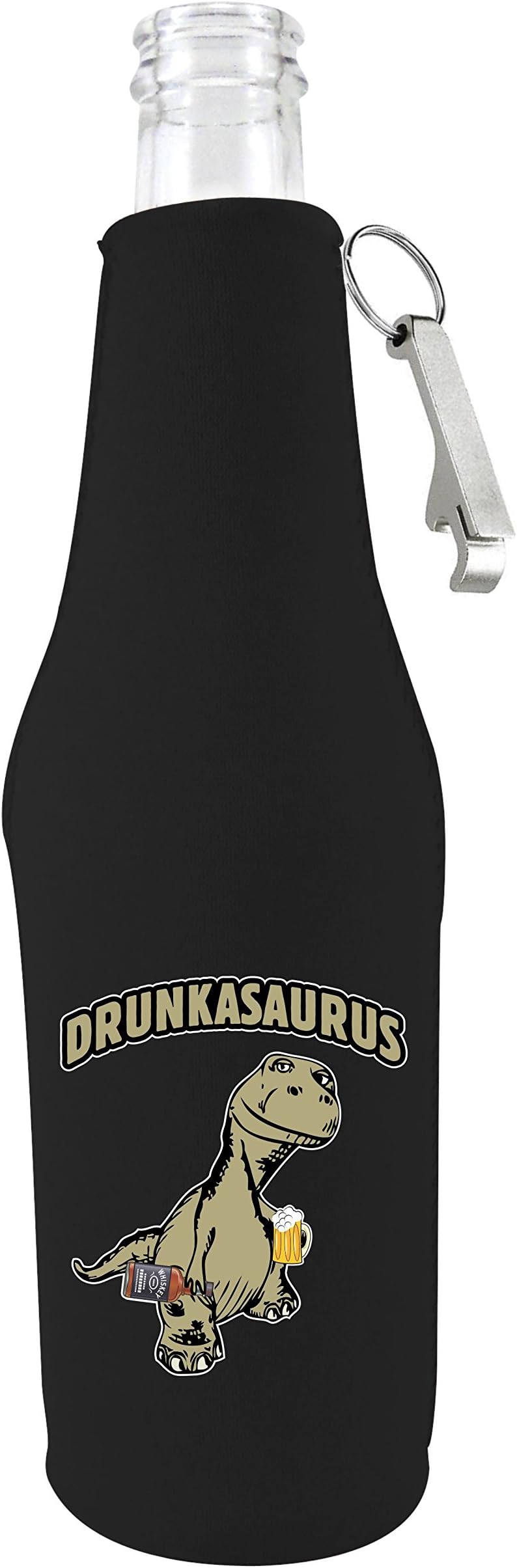 Coolie Junction Drunkasaurus Neoprene Beer Bottle Coolie, Optional Bottle Opener on Zipper (Black w/Opener)