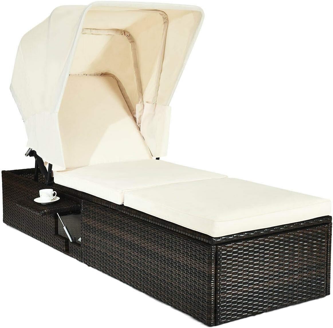 Outdoor Chaise Lounge Reclining Chair Sun Bed Lounger Recliner Sunshade Canopy Tea Table Sponge Padded Seat Cushion 5 Adjustable Backrest Position Suitable For Beach Pool Side Balcony Patio Garden Use