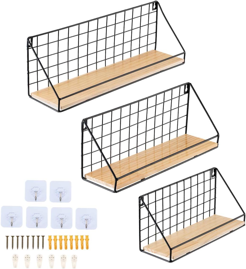 Locisne Set 3 schwimmende Wandregale, rustikales Holz Metall Wanddekor