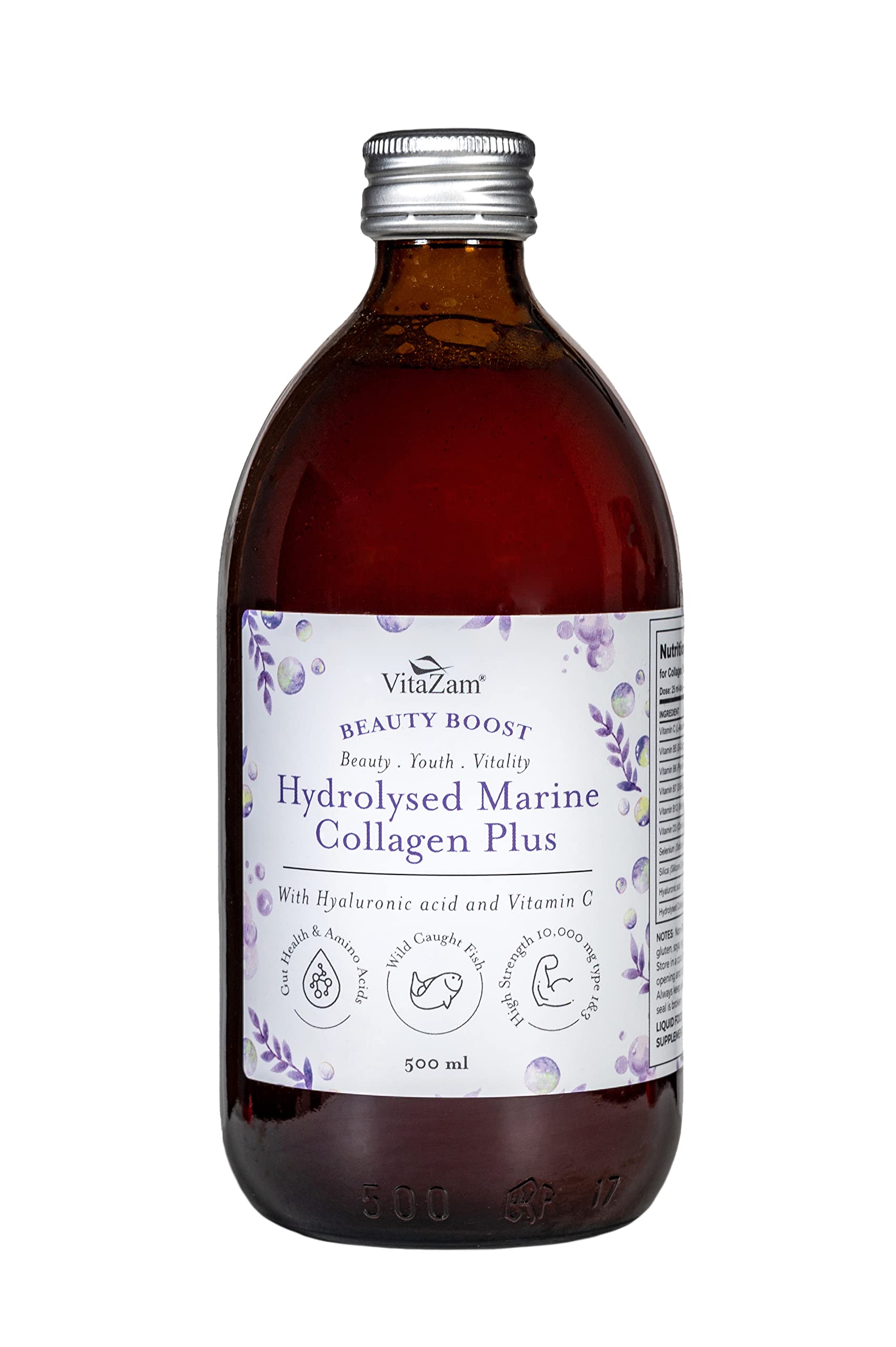 VitaZam Hydrolysed Marine Collagen Plus 10,000mg Protein Peptides (Type I & III), High Strength Collagen for Women & Men, Reduces Fine Lines and wrinkles, Joint Pain & stronger Hair, Sugar Free, 500ml