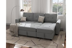 Ucloveria Sectional Sofa Couch, Sleeper Sofa Bed with Reversible Storage Chaise Pull Out Couch Bed for Living Room L-Shape Lounge 2 in 1 Futon Sofa with Side Storage Bag, Grey