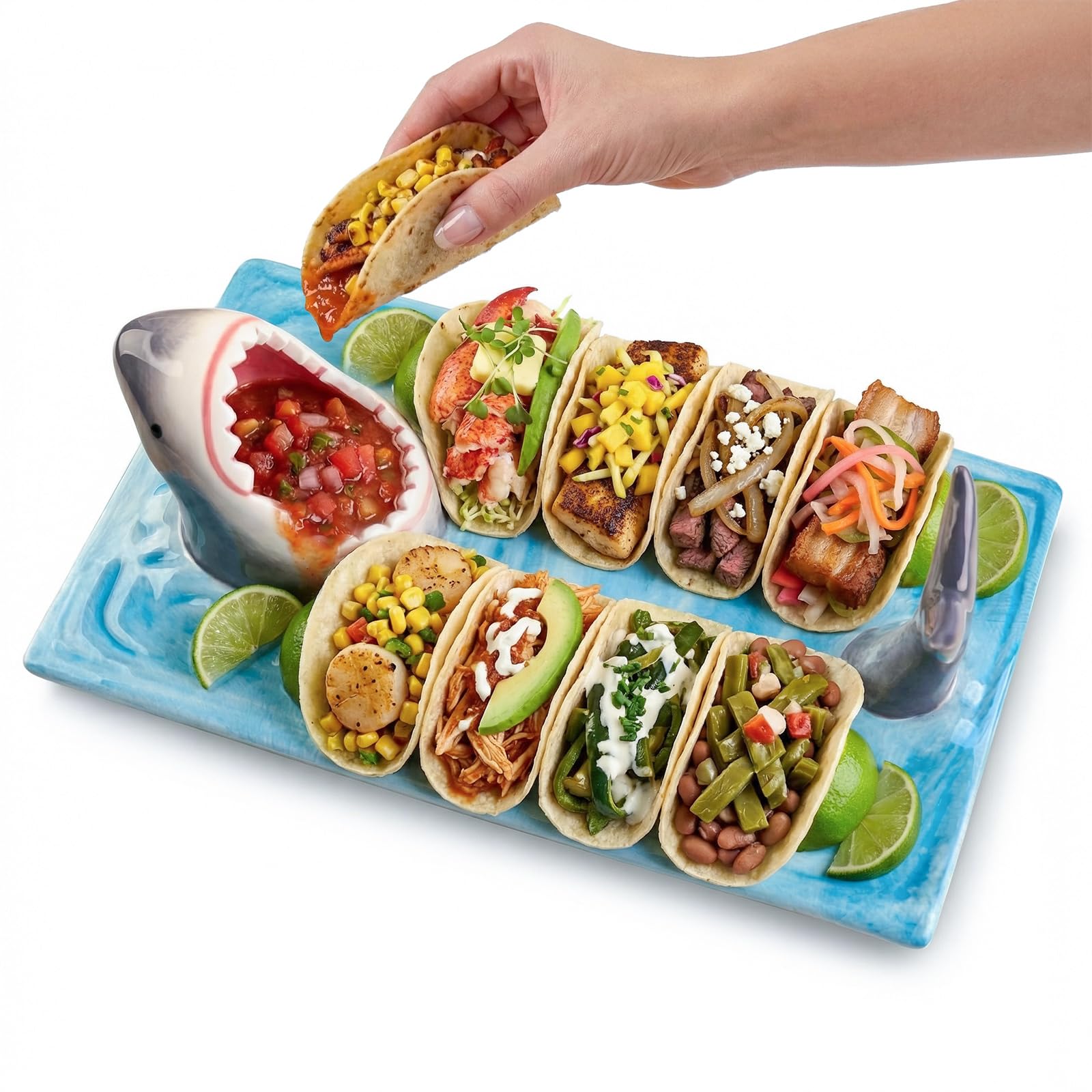 Photo 1 of 2 Pack Ceramic Shark Taco Holder Plate, Shark Sushi Plates, Funny Handmade Kitchen Salad Plates with Dipping Sauce Bowl, Microwave/Oven/Dishwasher Safe Plates, Birthday Gifts for Shark Party Lovers