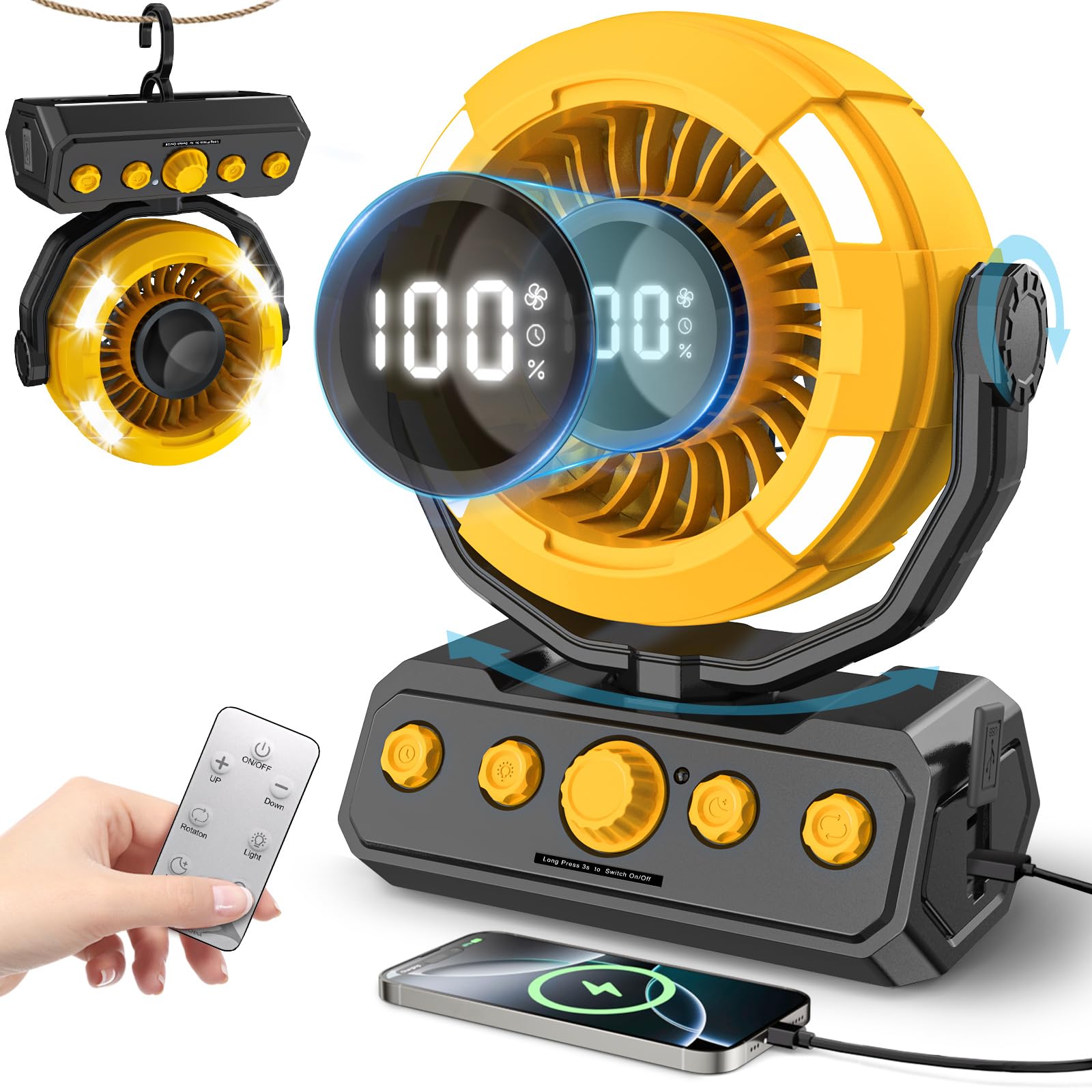 Photo 1 of Uniqwamo Battery Powered Fan, Rechargeable Fan Portable, 180° Pivot Battery Operated Fan with Light, Timer, 360° Rotation Hanging Hook, 100 Speeds Camping Fans for Tents, Fishing, RV, Jobsite, Picnic