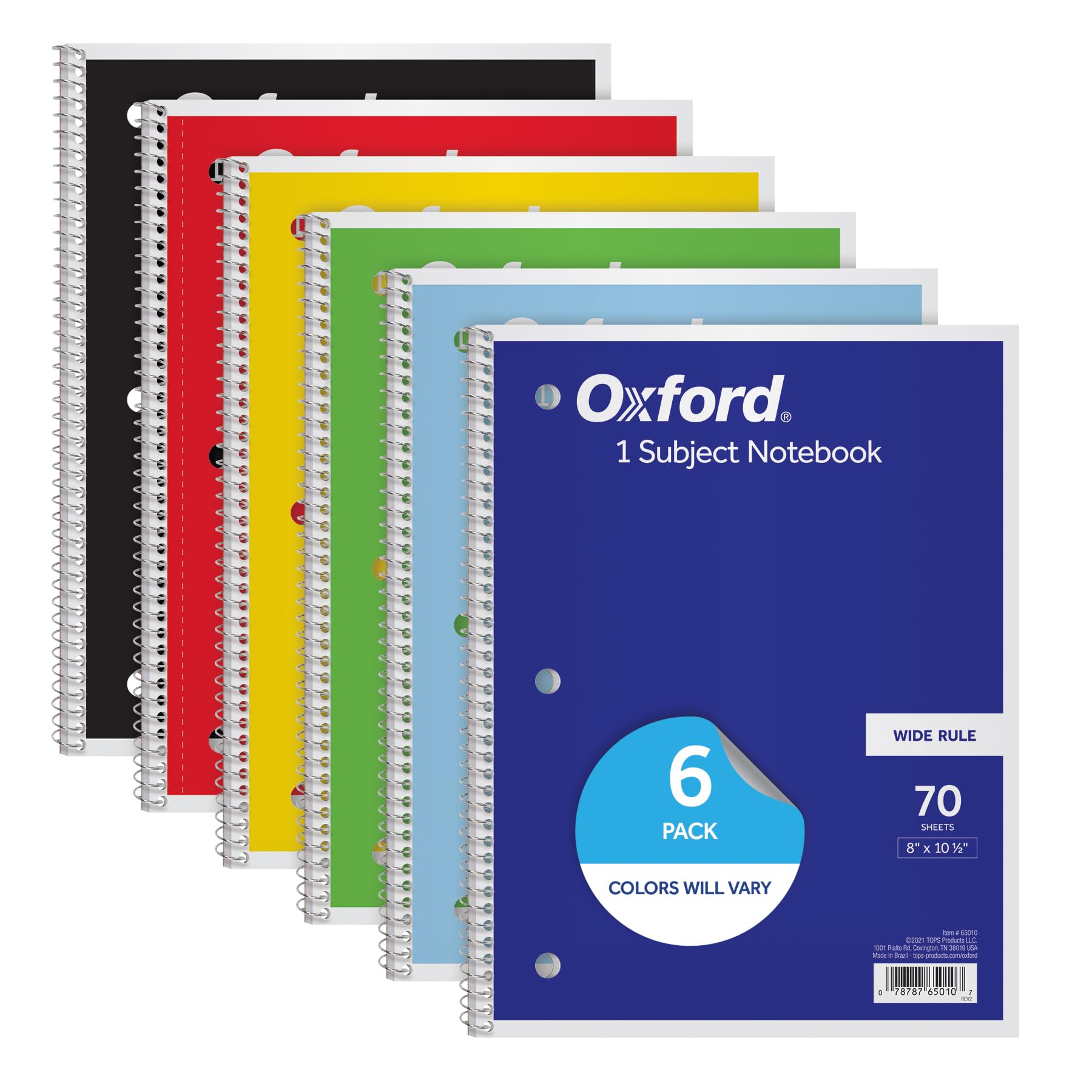 Oxford Spiral Notebooks, 6 Pack, 1 Subject, Wide Ruled Notebooks for School, 8 x 10.5 Inches, 70 Sheets, Assorted Colors, Back to School Supplies (65010)