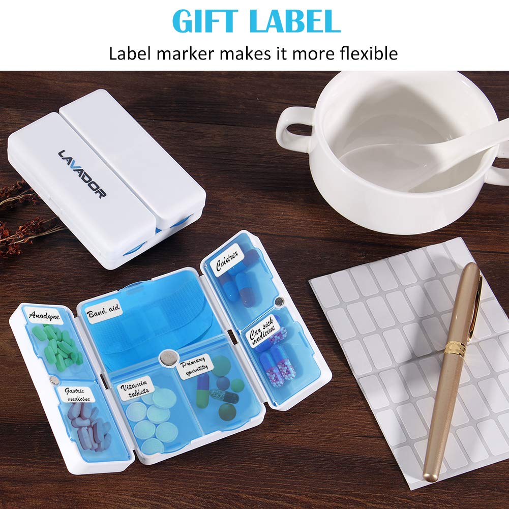 Pill Case,Portable Magnetic Foldable Pill Organizer with 7 Compartments Perfect for Pocket or Purse,Travel Pill Box for Pills/Vitamin/Fish Oil/Supplements (2 Pack) (Blue)