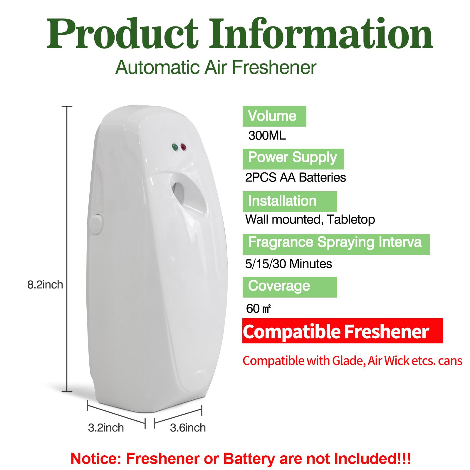 Automatic Air Freshener Dispenser 2-Pack,Histely Auto Air Freshener Spray Dispenser Wall Mounted or Free Standing Battery Powered w/Interval Spray Setting for Commercial & Home Use,No Drilling(White)