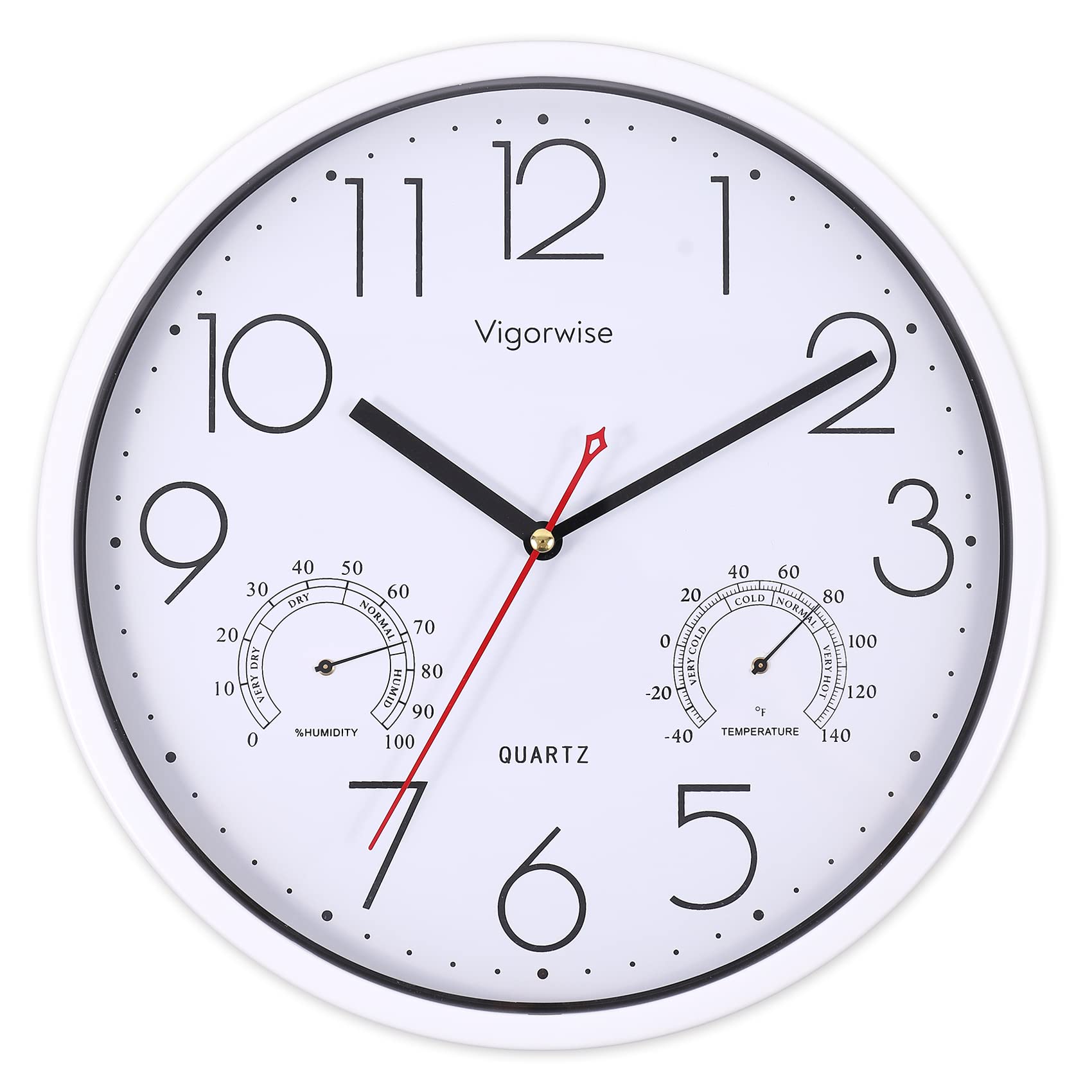 Photo 1 of Vigorwise Wall Clock, Sweep Silent Movement Accurate Clocks with Temperature & Humidity, Decorative for Kitchen/Living Room/Bedroom/Office/School/Classroom (White, 12 inch)