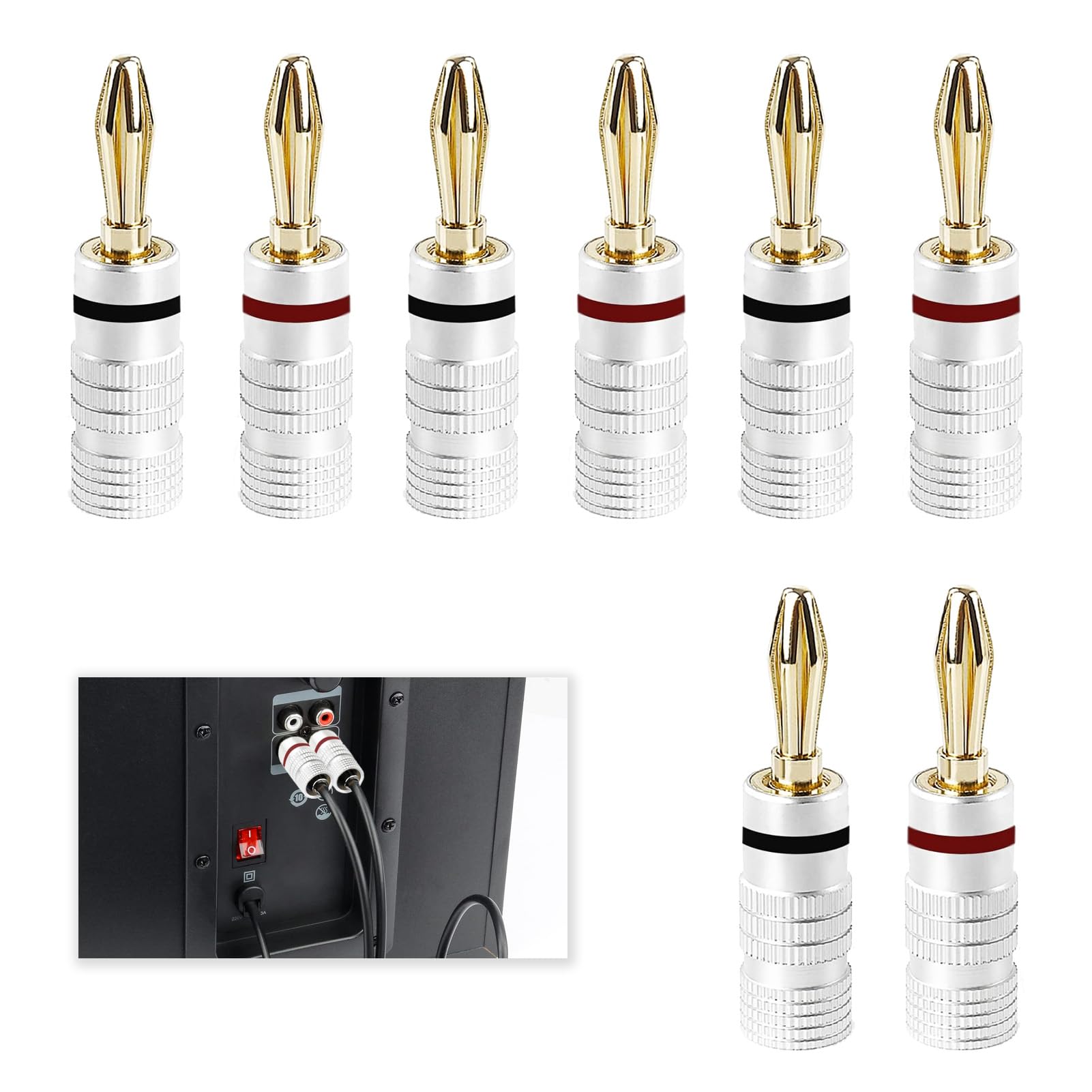 8 Pcs Waterproof Banana Plugs 4mm, Banana Plugs Insulated, Gold Plated Speaker Connectors with Refined Copper & Secure Screw Connection for High Fidelity Sound Systems, Fit for AV Amps Receivers