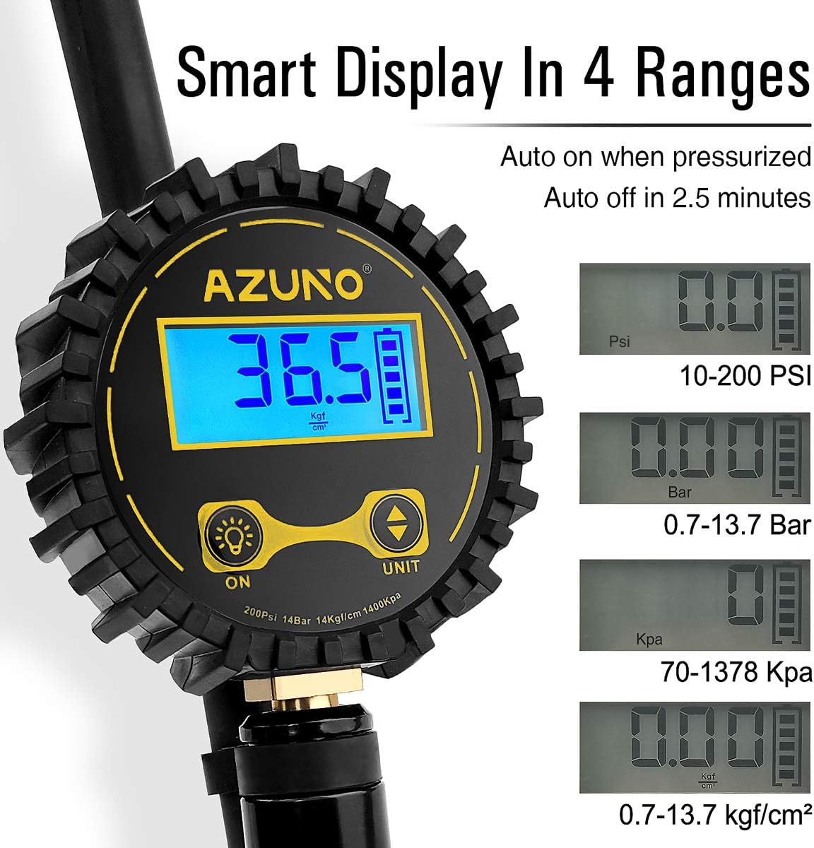 AZUNO Bike Tire Inflator with Pressure Gauge, 200 PSI, w/Auto-Select Presta Schrader Chuck on 18" Rubber Hose, Lock on Air Chuck, Quick Connect Coupler, Bicycle Accessories : Sports & Outdoors