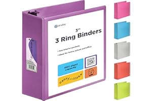 3 Inch Binder 3 Ring Binders Purple, Slant D-Ring 3” Clear View Cover with 2 Inside Pockets, Heavy Duty Colored School Supplies Office and Home Binders – by Enday
