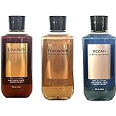 Bath and Body Works 3 Pack 2-in-1 Hair + Body Wash Teakwood, Ocean and Bourbon. 10 Oz.