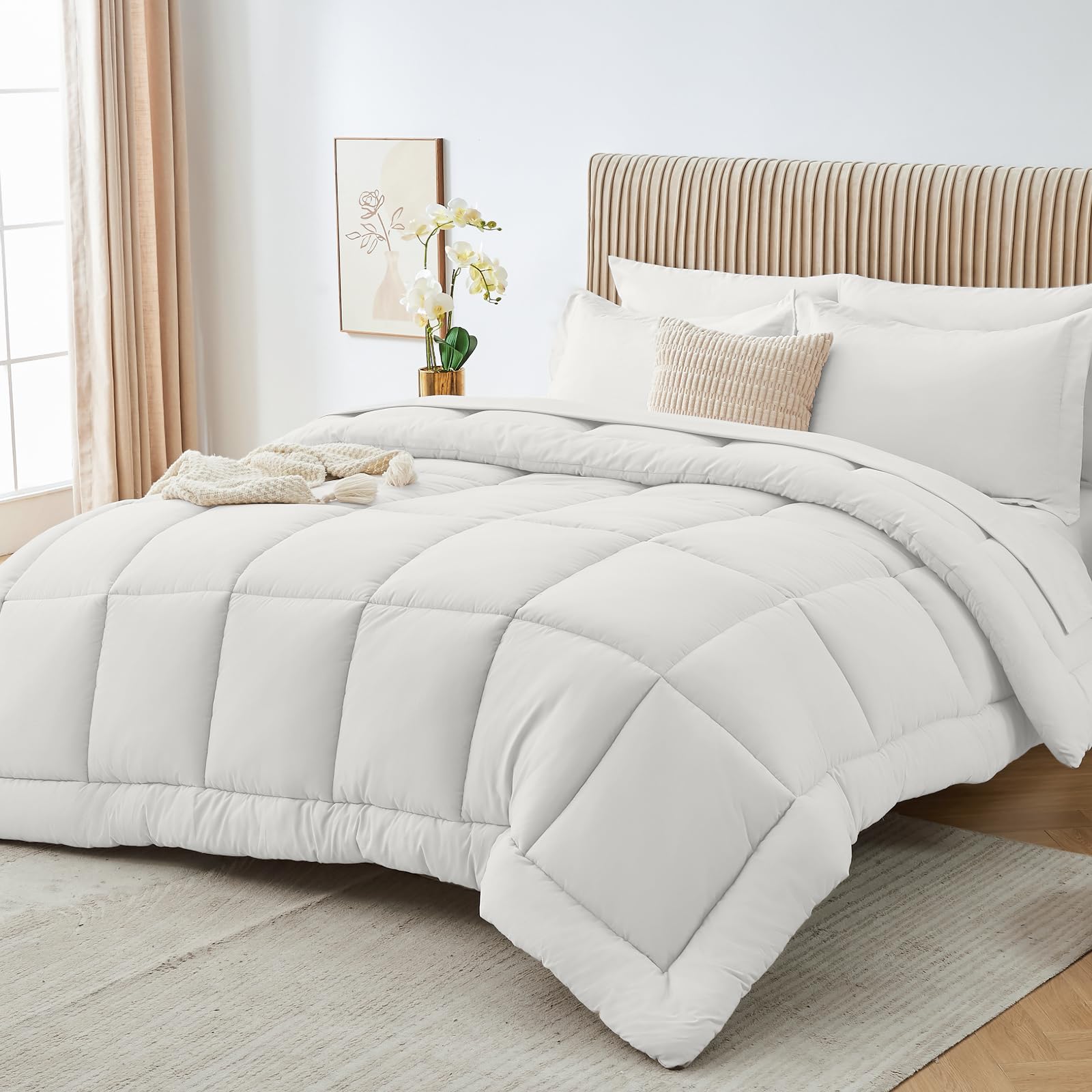 Sasttie Oversized King Comforter Set, 7 Pieces Reversible Bed in a Bag, Complete Bedding Set Includes 120''x98'' Comforter, Flat Sheet, Fitted Sheet, Pillowcases and Pillow Shams, Ivory