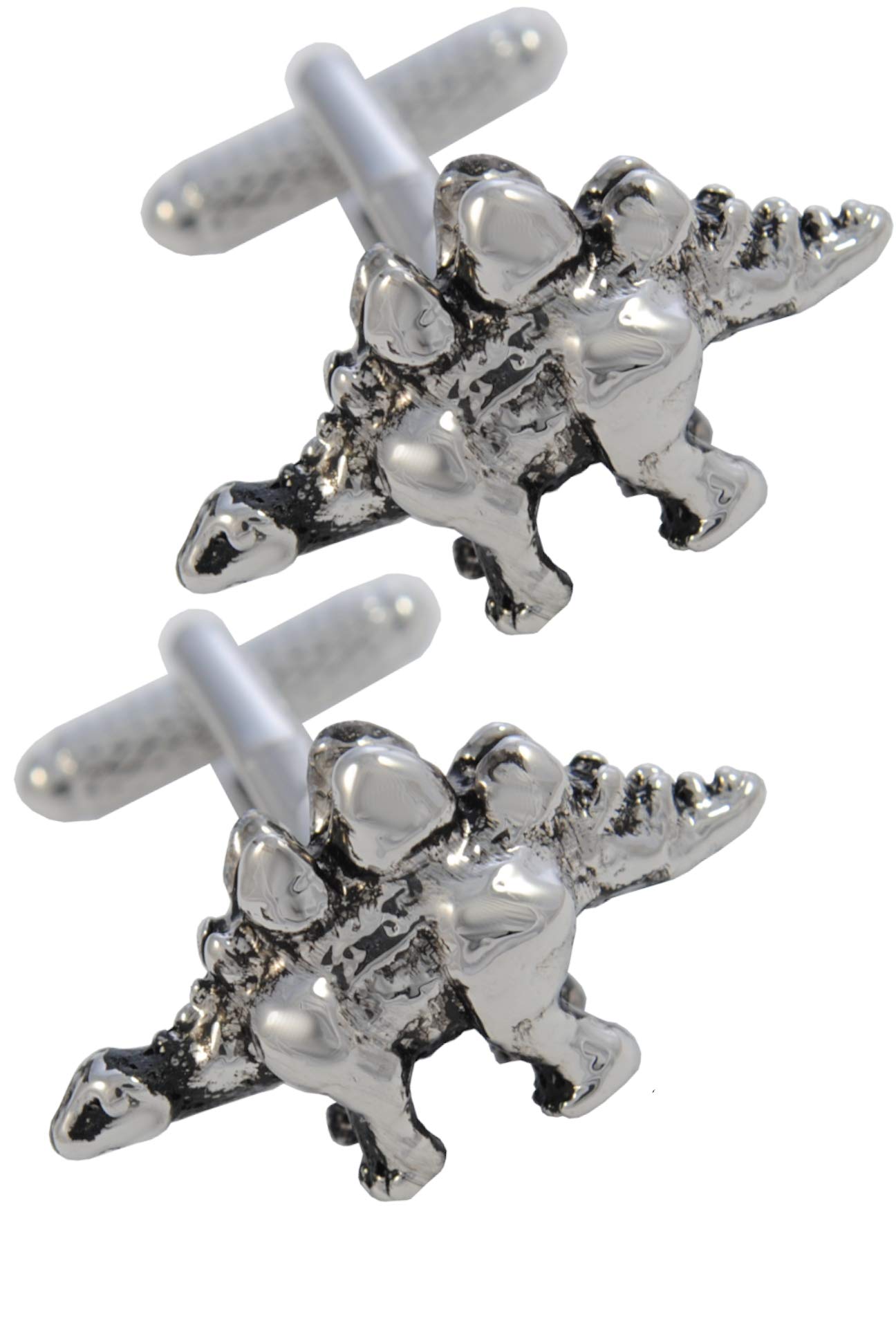 Cufflinks for Men + Presentation Box - Novelty Silver and Black Colours - Dinosaurs - Stegosaurus - Brass Metal - History Museum Prehistoric Large Animal Extinct - One Pair