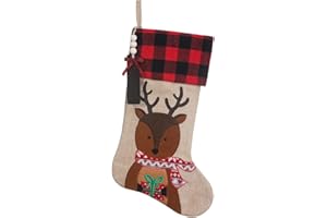 TWSANTAMAS Christmas Stockings Personalized, 20" Burlap Plaid Xmas Stocking with Wooden Tags DIY Name,Farmhouse Holiday Decoration Gifts（Deer）