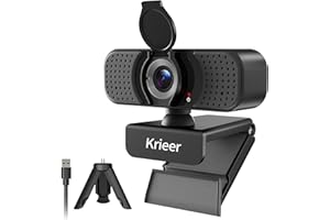 Krieer 1080P Webcam with Noise-Canceling Mic, USB Webcam with Privacy Cover and Tripod, Dual Stereo Speakers, Multi-Functiona