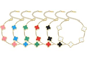 HERSIN 18K Gold Plated Dainty Clover Lucky Bracelet Set for Women Trendy White/Black/Gold/Green/Pink/Blue/Red Unique Flower Four Leaf Lucky Bracelets Jewelry Gifts for Women