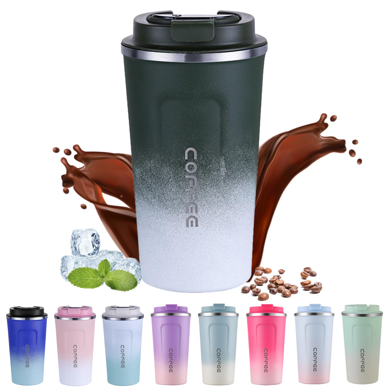 EACHPT Travel Mug, 510ml Thermal Cups with Leakproof Lid, Stainless Steel Vacuum-Insulated Mug for Hot and Cold Drinks/Tea