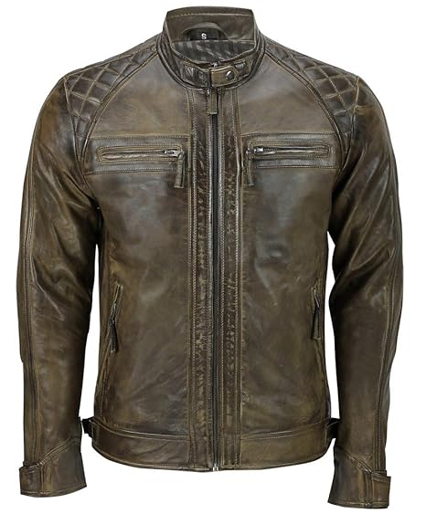 Infinity Herren Braun Retro Gesteppte Echt Nappa Bikerjacke aus Leder